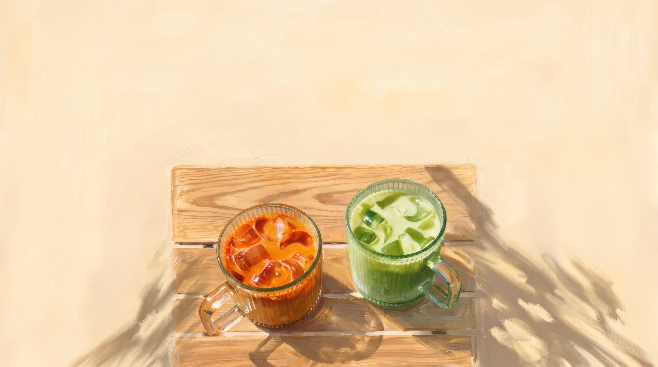 Two iced drinks on the patio table in late afternoon light, painted